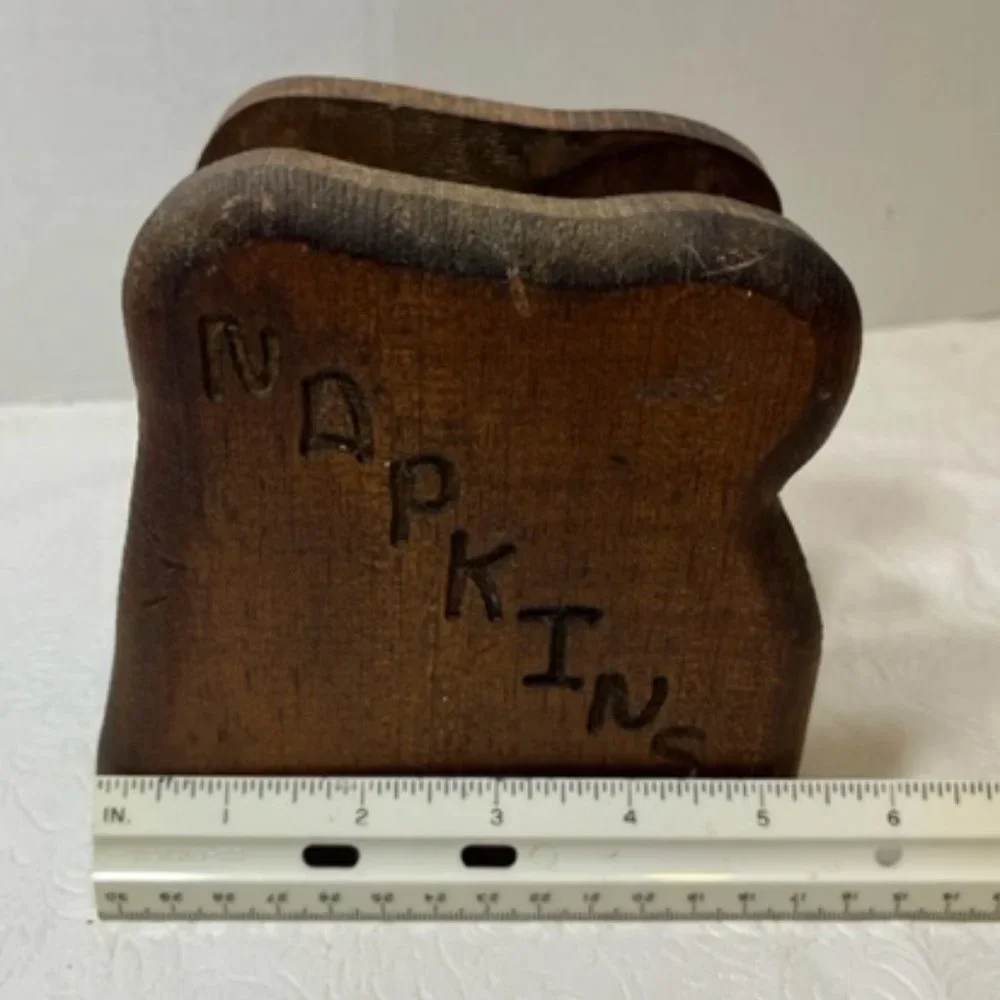 VTG Rustic Hand Carved Wooden Napkin Holder Dark Brown 5.5x3.25x5.5